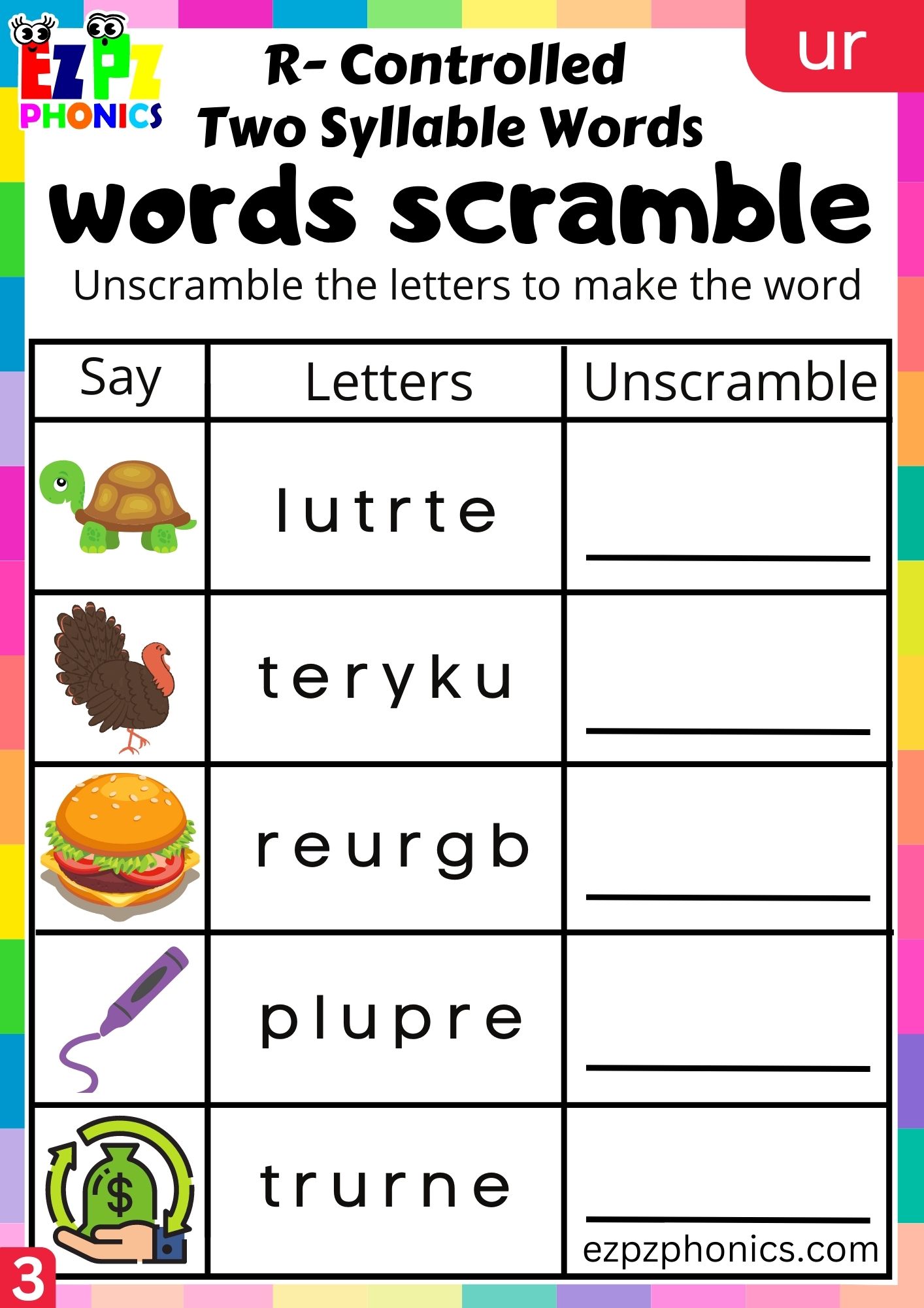 Word scramble worksheet for ur two syllable words R Controlled Vowels group 3